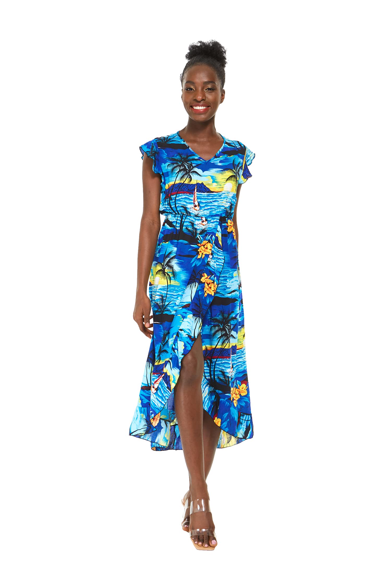 Hawaiian Luau Wrap Ruffle Dress for Women - Floral Hibiscus Vine Print - Perfect for Beach Parties, Summer Vacations & Tropical Getaways