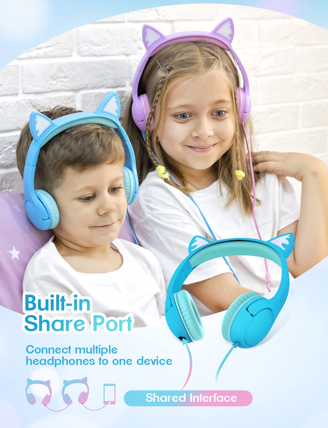 PINGKO Kids Headphones with Microphone - Cat Ear LED Light Headphones for Girls & Boys, 85dB Volume Limiting, 3.5mm Jack Stereo Earphones for iPad, School, Travel, Music Sharing - Perfect for Learning, Gaming & Entertainment (Blue)