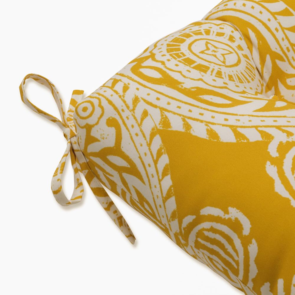 Pillow Perfect Paisley Indoor/Outdoor Cushion for Sofa, Settee, Bench & Swing - 18x44 Inch Weatherproof & Fade-Resistant Tufted Pillow with Ties - Yellow/Ivory Addie Pattern - Perfect for Patio, Porch & Garden Furniture