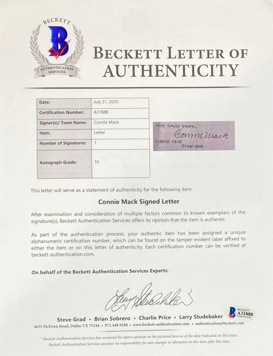 Connie Mack Philadelphia Athletics Signed Handwritten Letter BAS A31888 Autograph - Perfect for Baseball Memorabilia Collectors & Sports Fans Display