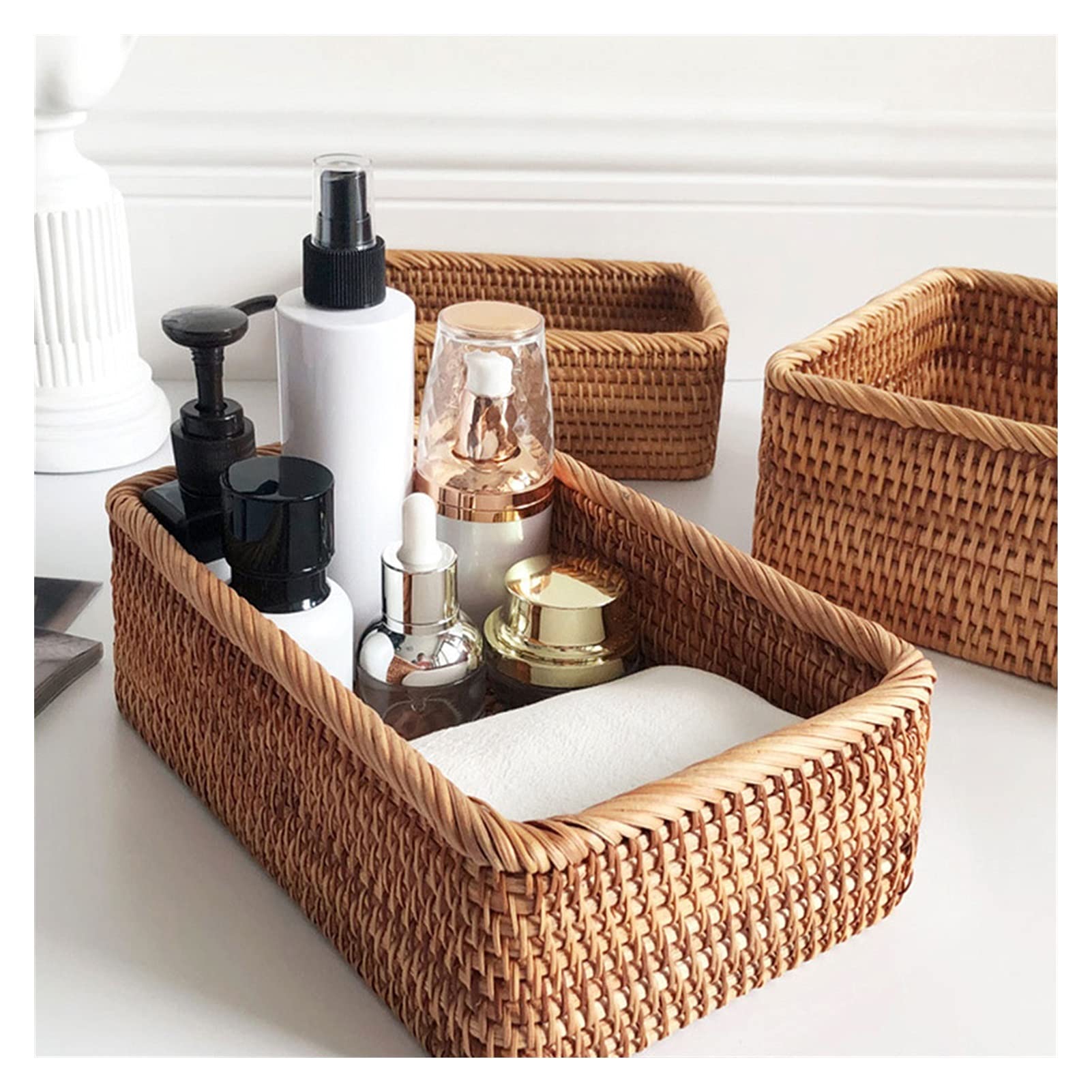 Hand Woven Rattan Wicker Basket Set of 3 - Natural Storage Box for Fruits, Tea, Bread, Snacks | Perfect for Picnic, Kitchen Organization & Home Decor