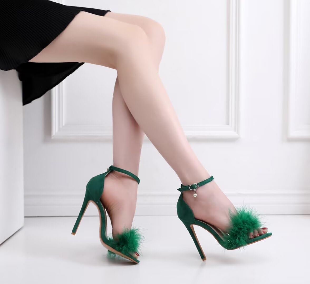 JOEupin Women's Fluffy Marabou Feather High Heel Strappy Sandals with Fur - Sexy Party Shoes for Evening Events, Date Night & Special Occasions