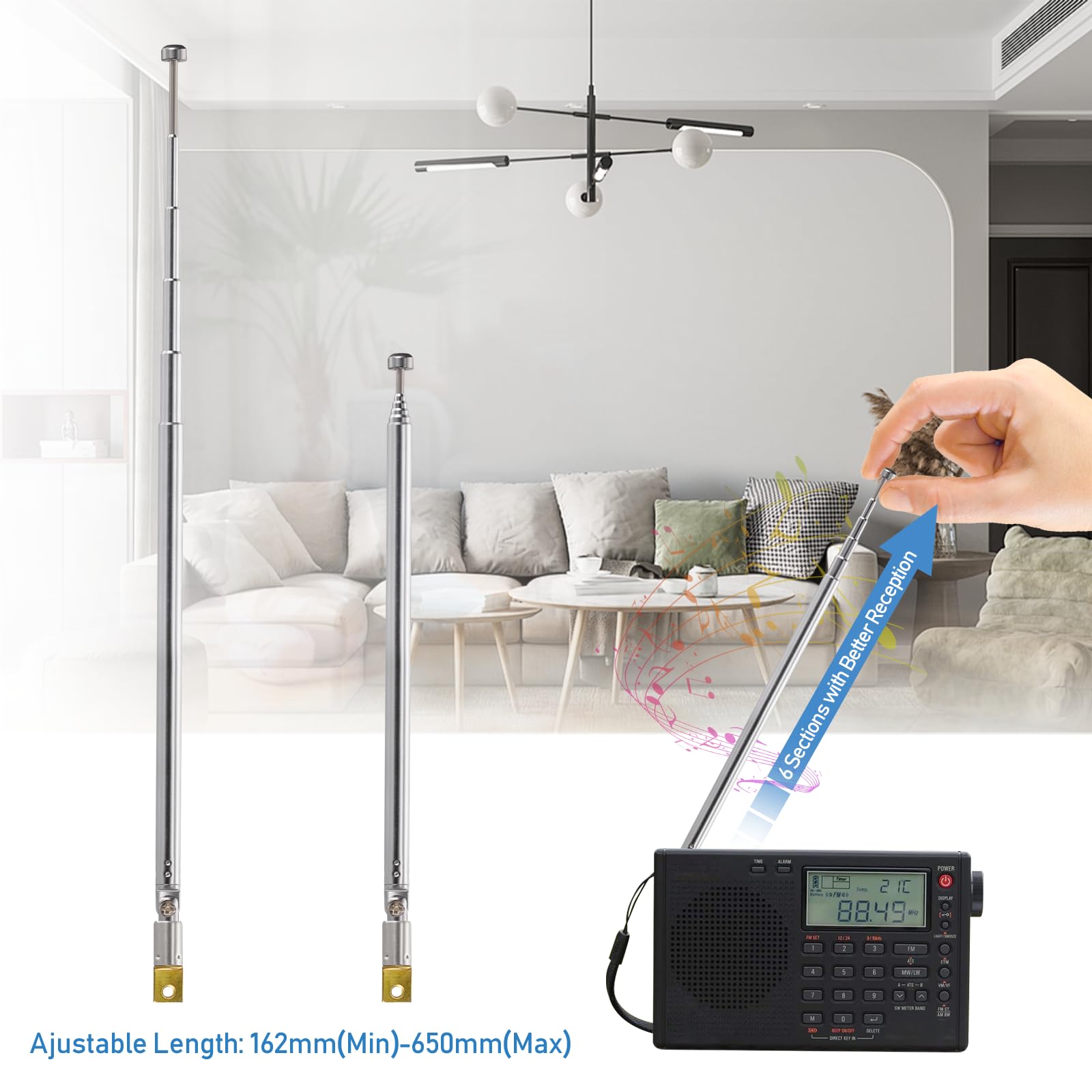 Bingfu 6-Section Telescopic FM/DAB/DVB-T Antenna - 2 Pack for Enhanced FM/VHF/UHF/Digital Radio & TV Reception - Perfect for Home, Car, and Portable Radio Use