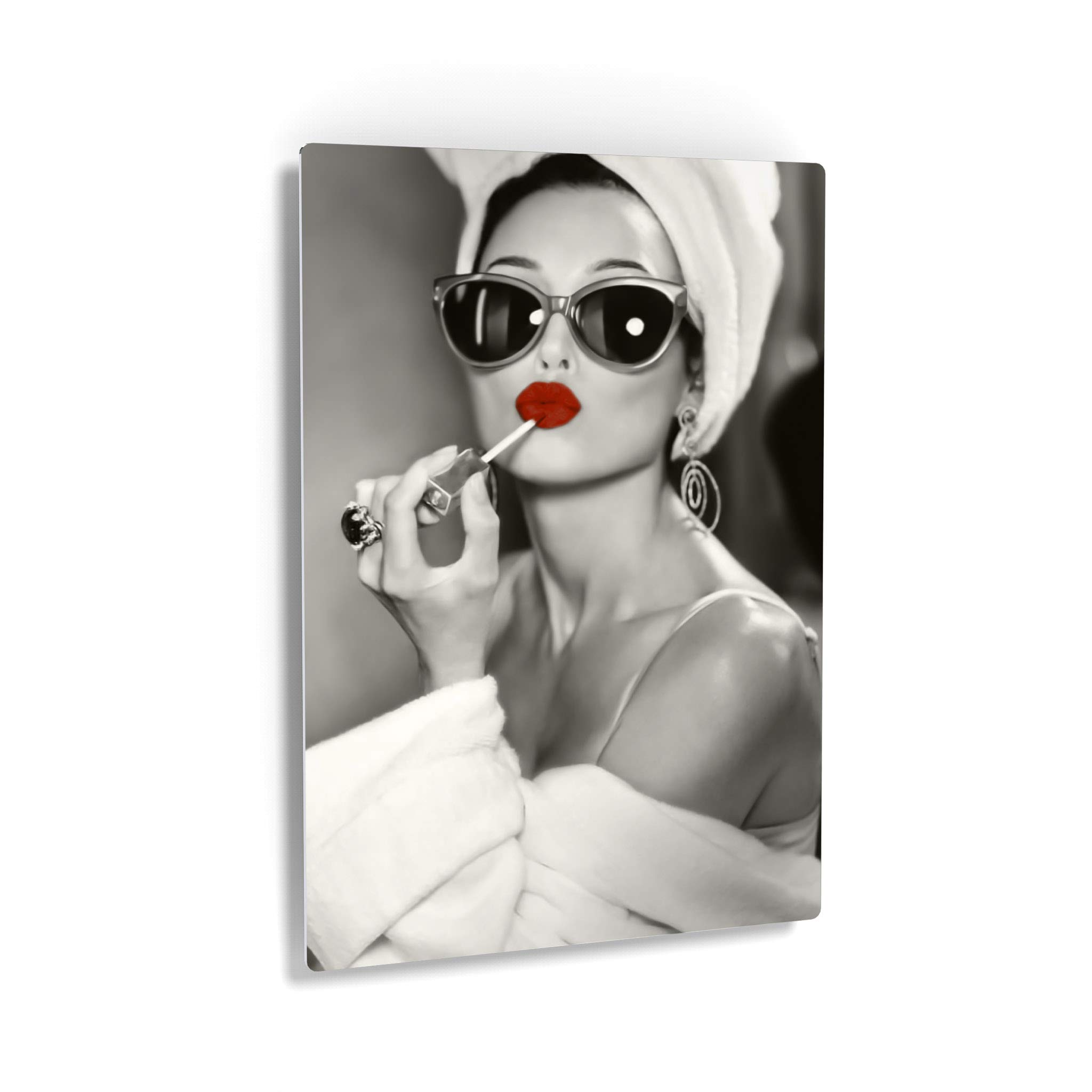 Audrey Hepburn Metal Wall Art Print - Red Velvet Lips Pop Art Makeup Decor (40x30 Inches) | Black & White Iconic Beauty Portrait | Ready to Hang Home & Office Decor | Made in USA | Perfect for Living Room, Bedroom or Salon Wall Decoration