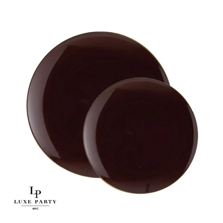 Eco-Friendly Brown Latte & Gold Rim Round Plastic Plates - 12-Pack Disposable Dinnerware for Parties, Picnics, and Events | BPA-Free & Compostable Tableware