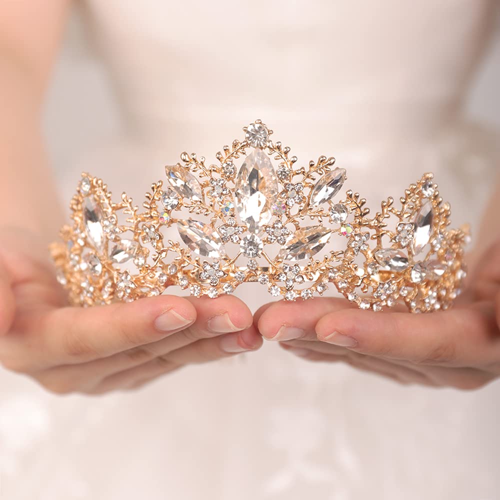Wekicici Gold Crystal Tiara Crown for Women & Girls - Rhinestone Bridal Headband with Combs for Weddings, Prom, Birthday Parties & Costume Events | Elegant Princess Hair Accessory