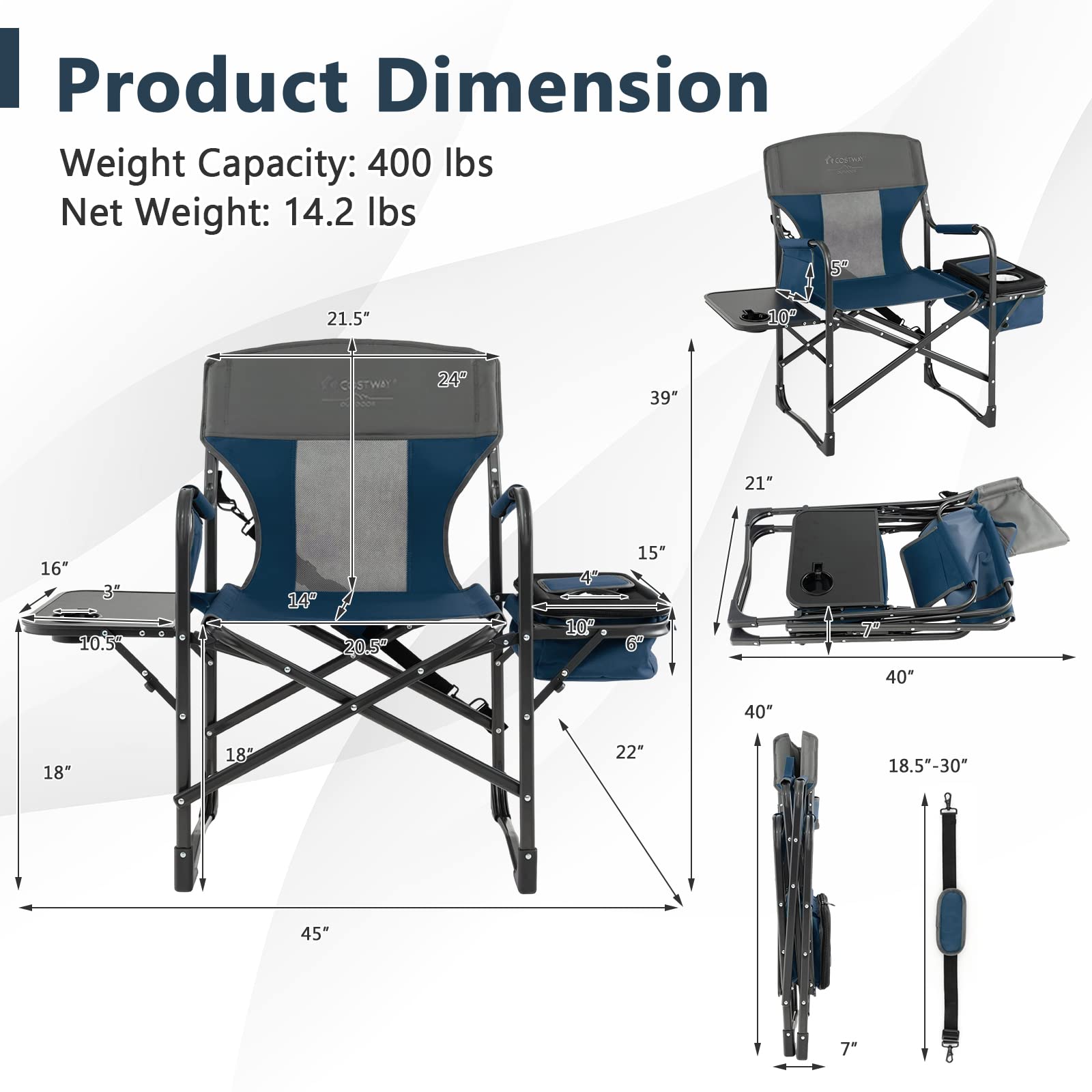 COSTWAY Heavy-Duty Folding Camping Chair with Side Table & Cooler Bag - 400lbs Capacity Portable Director Chair for Adults, Outdoor Fishing Picnic, Beach Party, and Camping Trips