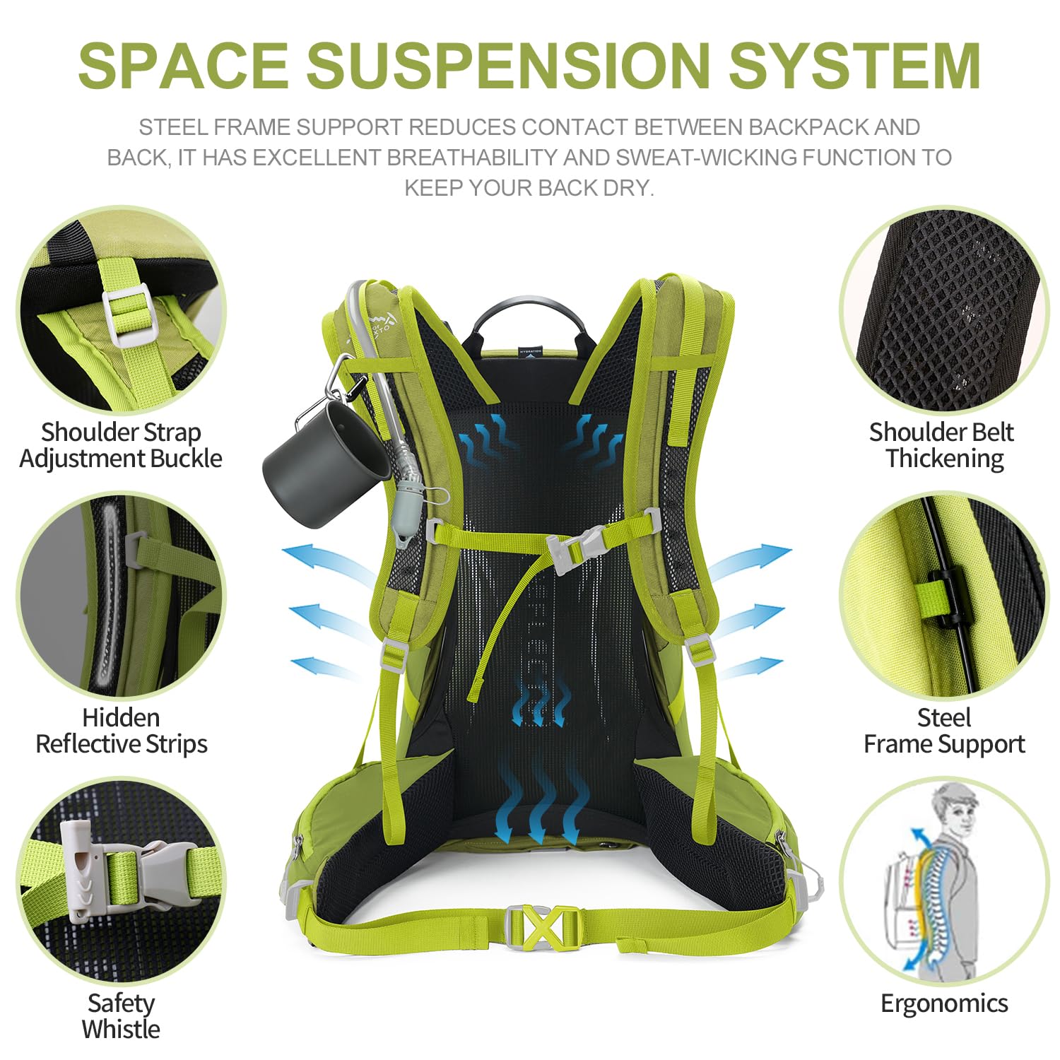 **35L Waterproof Hiking Backpack with 3L Hydration Bladder & Rain Cover - Lightweight Daypack for Camping, Trekking & Outdoor Adventures - Durable Travel Backpack for Men & Women (Fruit Green)**    **Usage Scenarios:** Perfect for day hikes, camping trips, mountain climbing, travel, and outdoor sports.