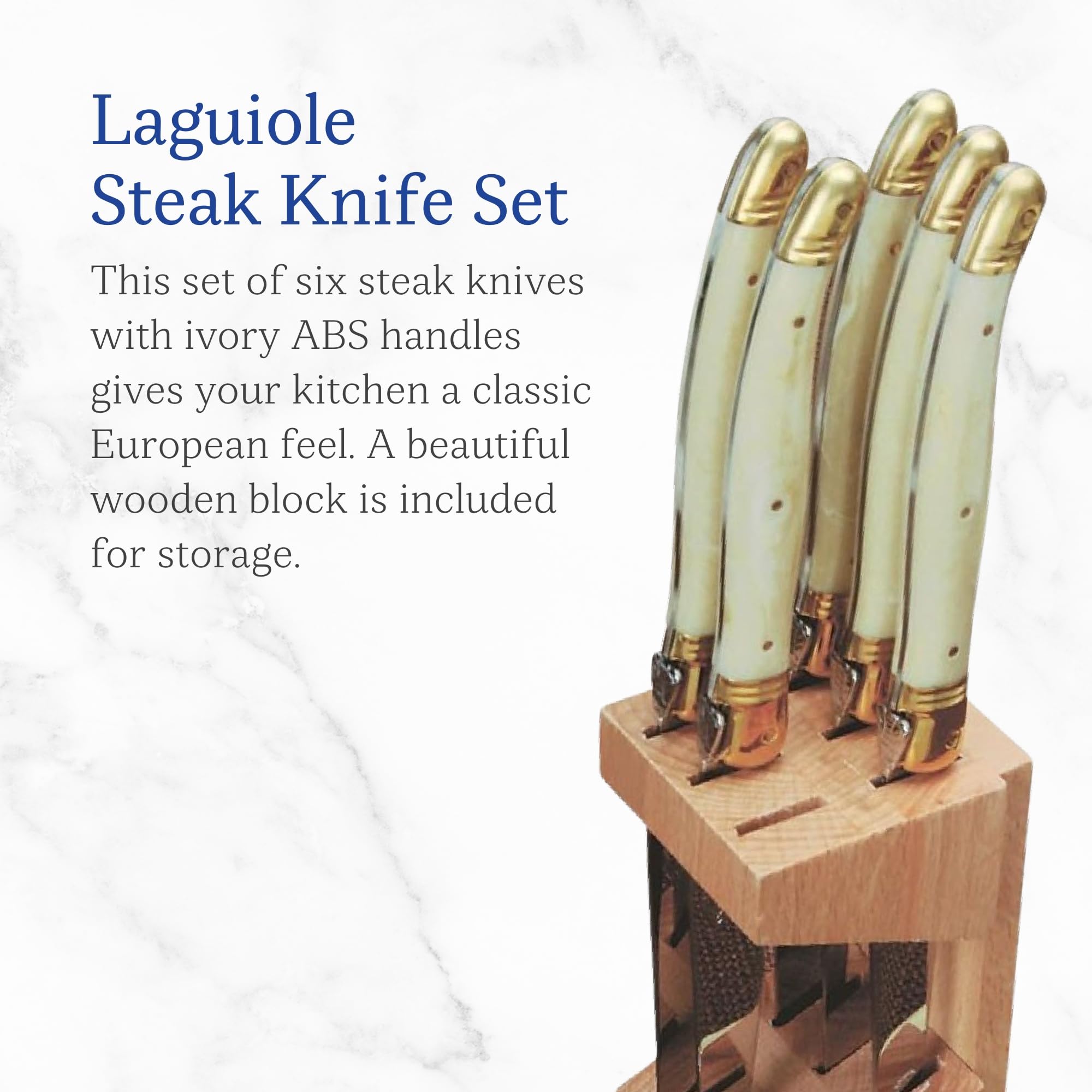 Premium Jean Dubost Laguiole 6-Piece Steak Knife Set with Ivory Handles - 1.2mm High-Carbon Stainless Steel Blades - Rust-Resistant & Durable - Includes Elegant Wooden Block - Made in France - Perfect for Fine Dining, Steakhouse Experience & Gourmet Gift Giving