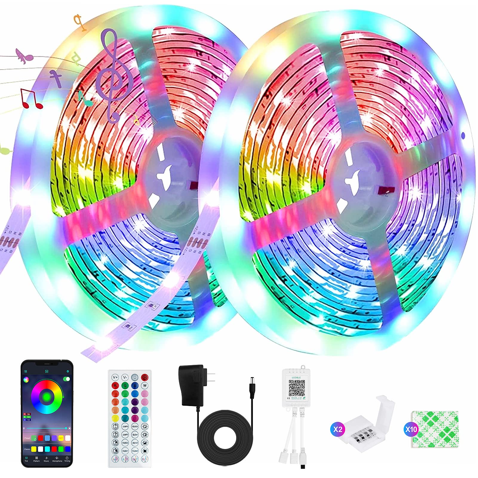 32.8ft LED Strip Lights with Music Sync & App Control - 5050 RGB Color Changing Lights for Bedroom, Home Decoration - Built-in Mic, IR Remote - Perfect for Parties, Gaming Rooms & DIY Lighting Projects