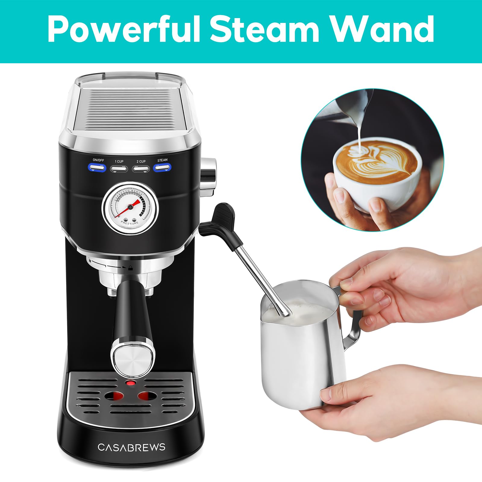 CASABREWS CM5418 20 Bar Espresso Machine with Milk Frother - Stainless Steel Home Coffee Maker for Cappuccino & Latte, Compact Design with Removable Water Tank (Black) | Perfect for Small Kitchens & Office Use