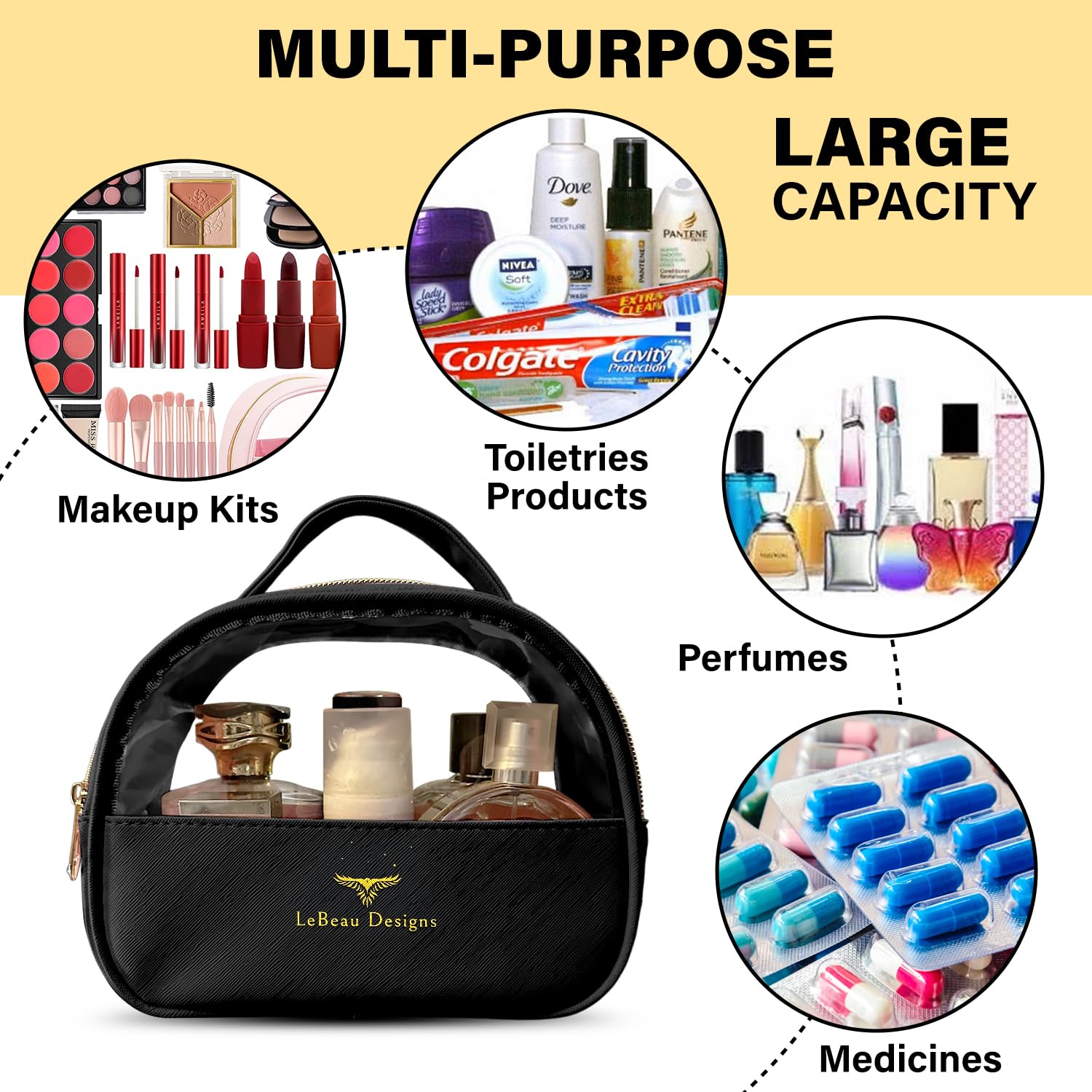 2-Pack Waterproof PU Leather Makeup Travel Bag for Women - Clear Toiletry Organizer with Multiple Compartments & Layered Storage | Perfect for Cosmetic, Skincare & Travel Essentials (Black)