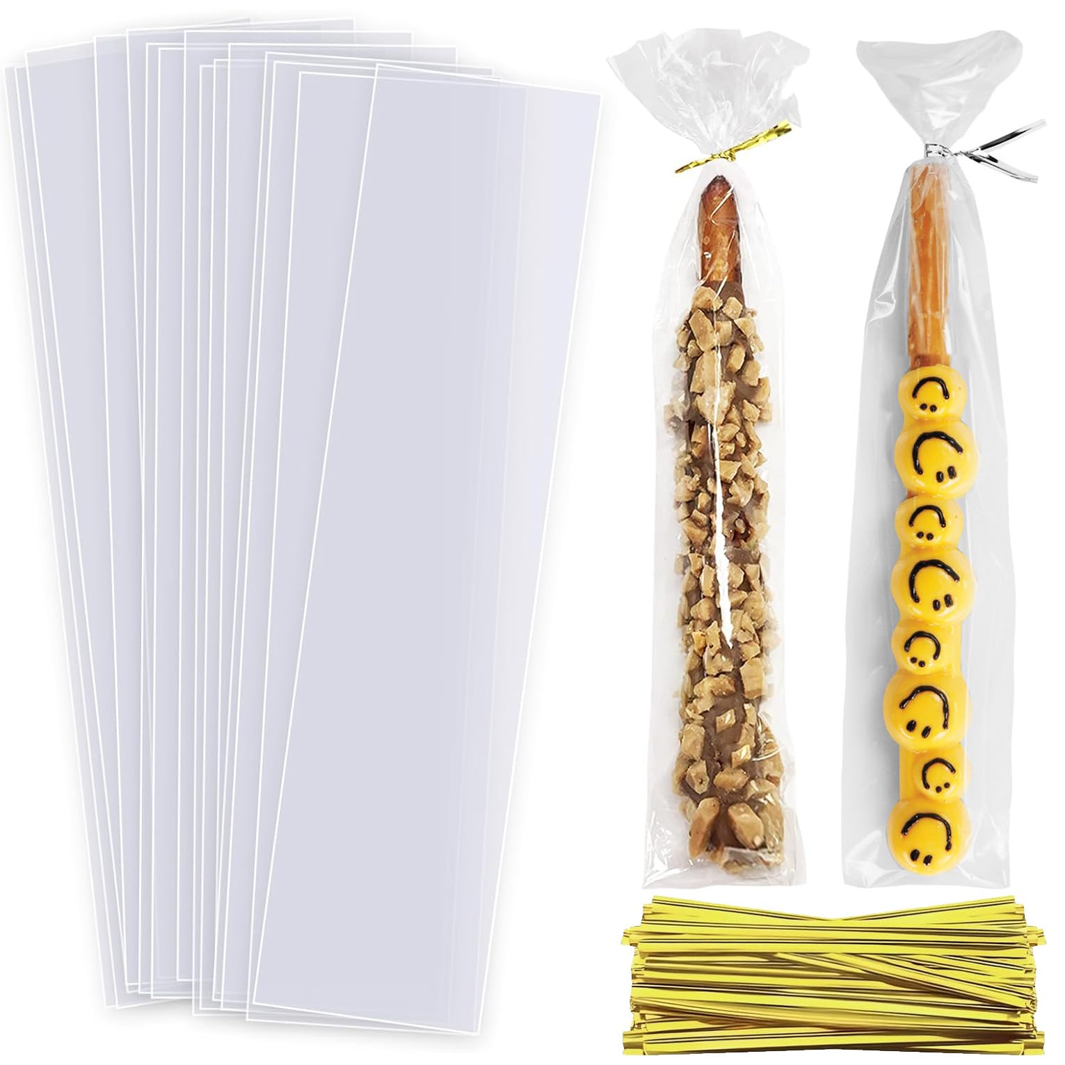 200pcs Clear Pretzel Rod Bags - 2X10 Cellophane Candy Treat Bags with Ties for Party Favors, Goodie Bags, Cake Pops & Gift Wrapping - Perfect for Birthday Parties, Baby Showers & Holiday Treats
