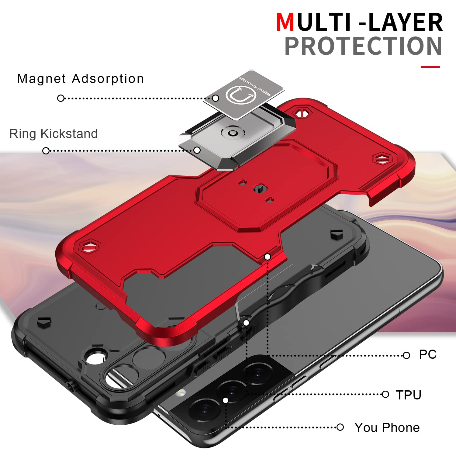 Shockproof Phone Case for Samsung Galaxy S22+ 5G with Ring Stand - RS6 Red - Perfect for Work & Travel