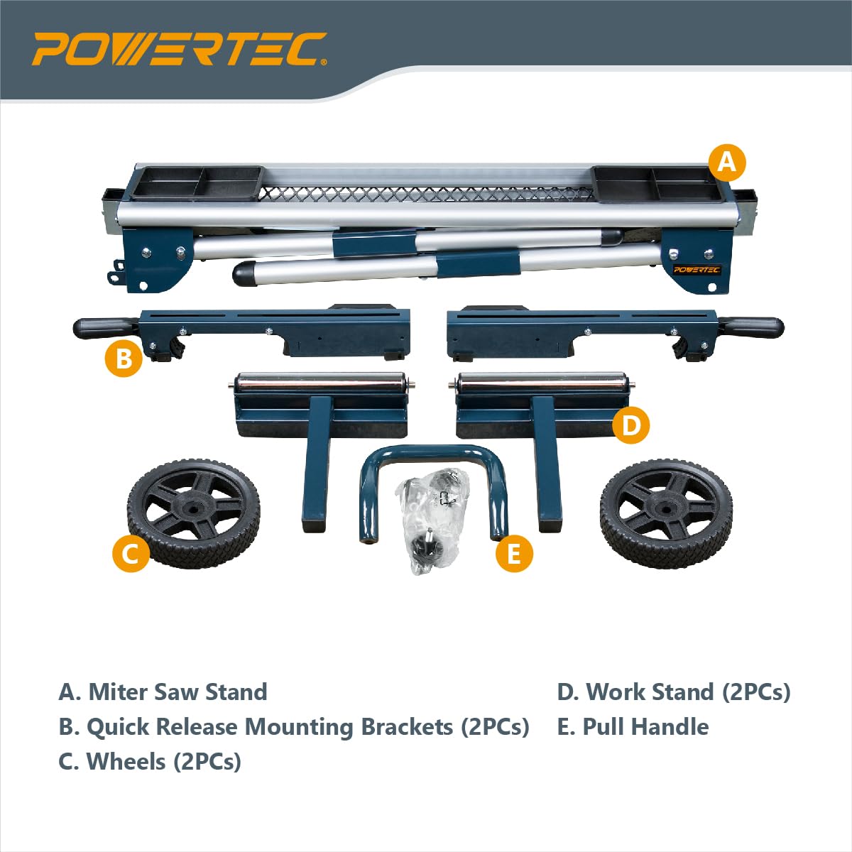 POWERTEC MT4008 Heavy Duty Miter Saw Stand with Wheels - Collapsible Portable Workbench with Tool Storage Trays, 330Lbs Capacity & Quick Release Brackets - Perfect for Job Sites, Workshops and DIY Projects