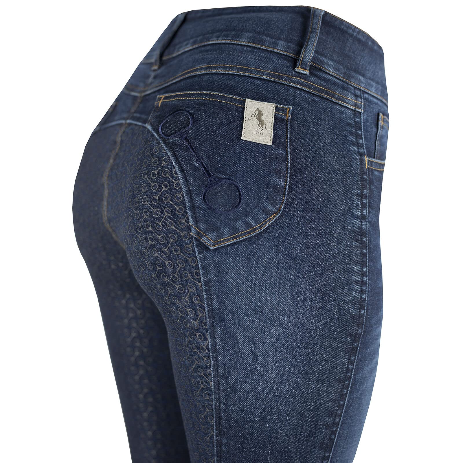 HORZE Kaia Women's Denim Horse Riding Pants - High Waist Silicone Full Seat Breeches for Equestrian & Show Jumping | Accurate Size Chart | Perfect for Training, Competitions & Casual Riding
