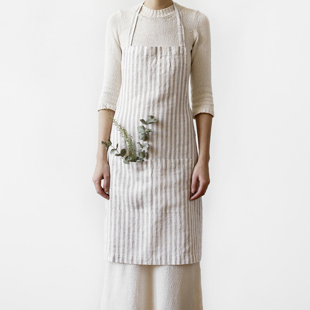 Premium Linen Kitchen Apron for Cooking & Baking - Natural White Stripe Design - Breathable & Durable Unisex Chef Apron for Home, Restaurant & BBQ Use