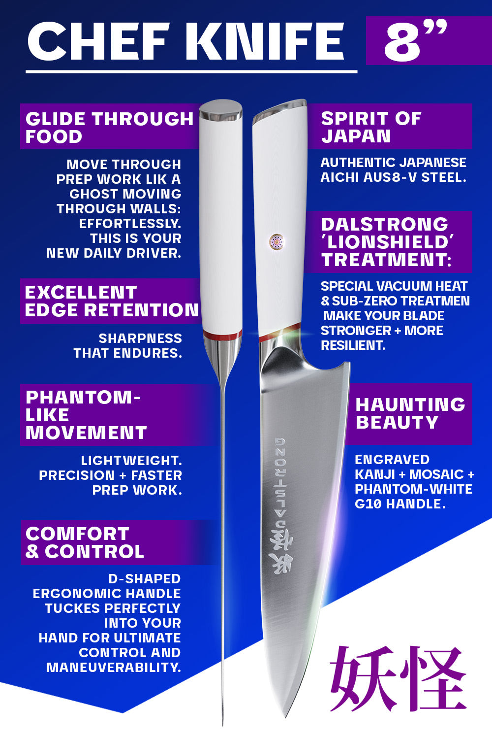 Dalstrong Phantom Series 8-Inch Chef's Knife with White G10 Handle - Professional Kitchen Knife for Precise Chopping, Slicing & Dicing - Perfect for Home Cooks & Professional Chefs