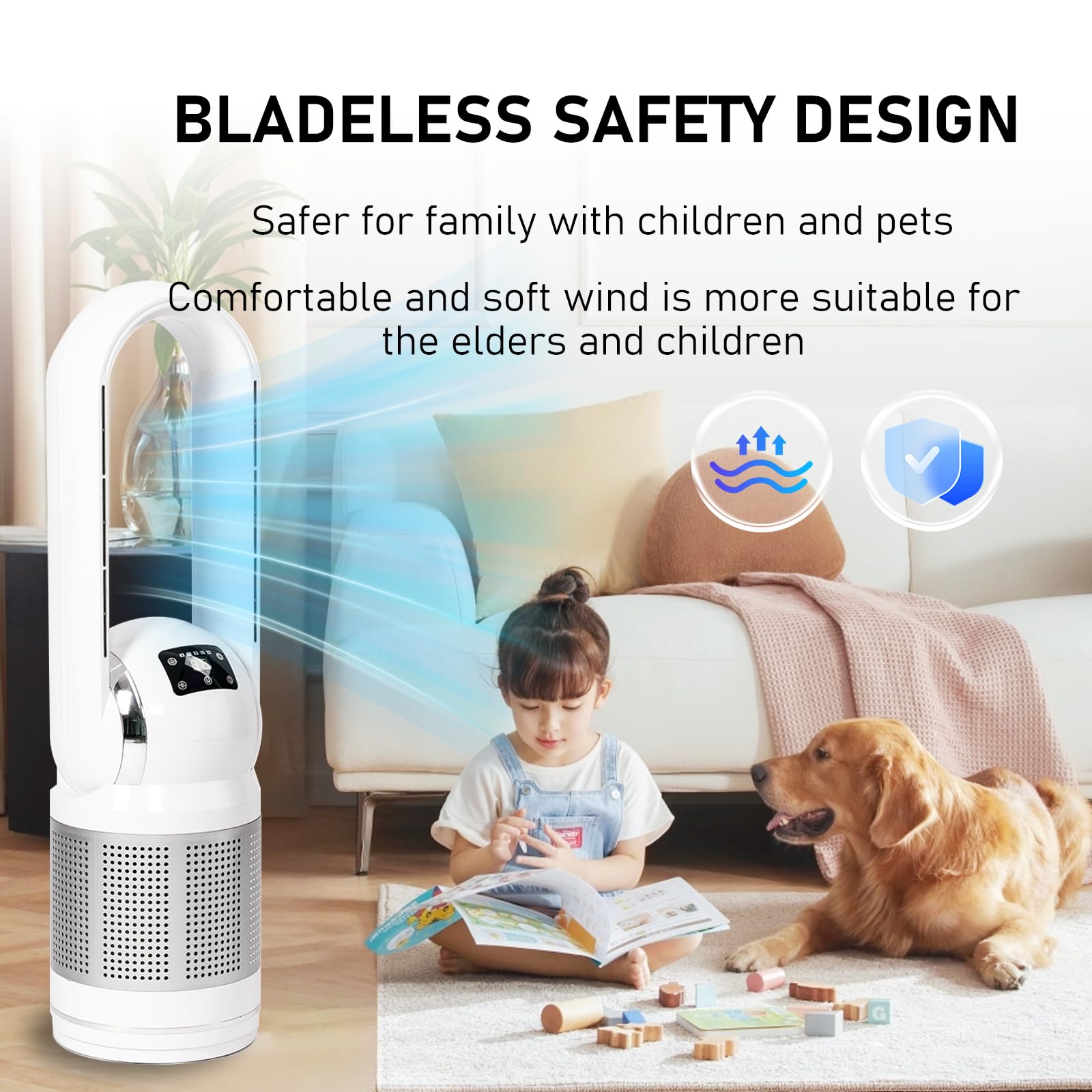 HEATIT Bladeless Tower Fan with Remote Control, Air Purifier, HEPA Filter & PM2.5 Removal - 80° Oscillation, 8 Speed Settings, 8H Timer - Perfect for Home, Bedroom, Kitchen & Office (White) | Stay Cool & Breathe Clean Air Year-Round