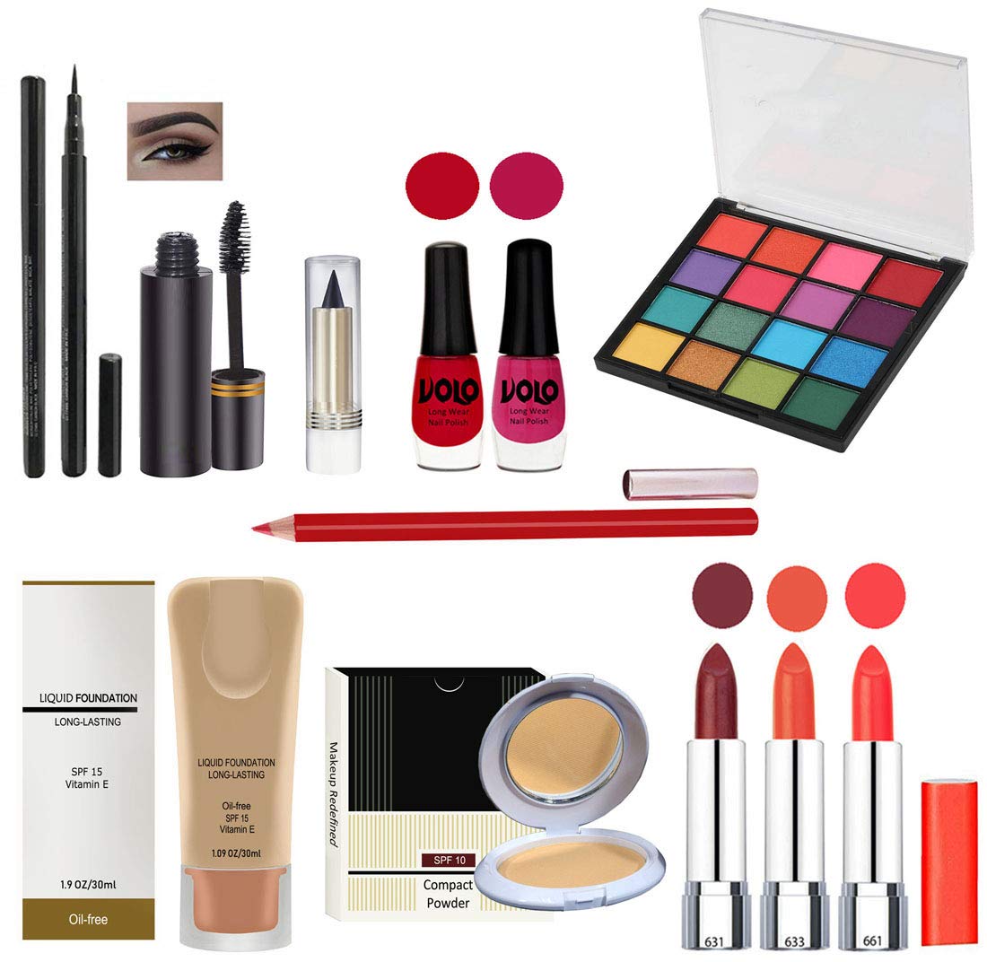 G4U Complete All-in-One Makeup Kit for Women - 12 Piece Set with 3 Lipsticks, Eyeliner, Mascara, Kajal, 2 Nail Polishes, 16 Color Eyeshadow Palette, Foundation, Compact Powder & Lipliner | Perfect for Travel, Bridal & Everyday Makeup Looks
