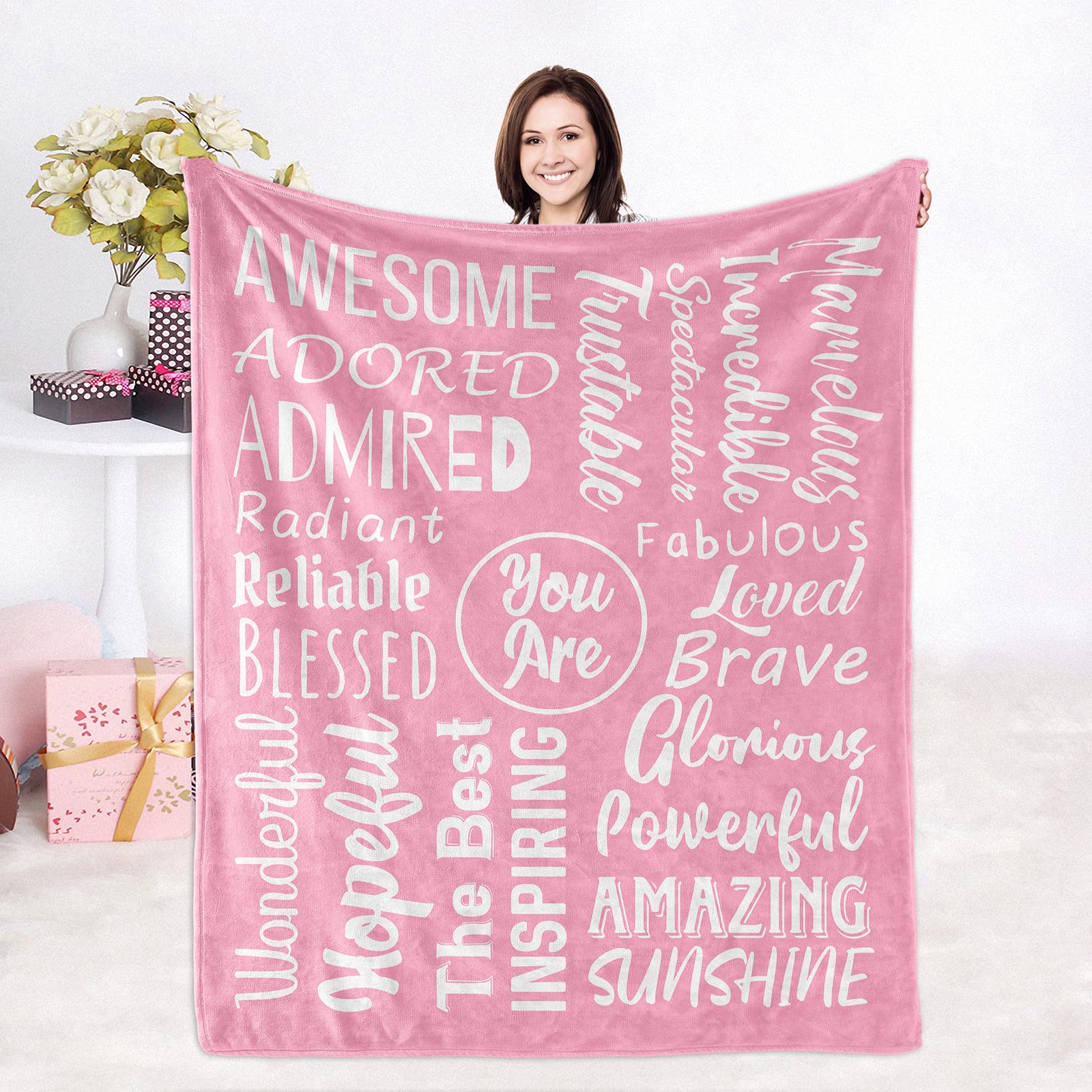 Inspirational Gifts for Women - Soft Positive Healing Compassion Throw Blanket for Friend, Mom, Sister & Colleague - Cozy Pink Blanket for Relaxation, Meditation & Comforting Gifts
