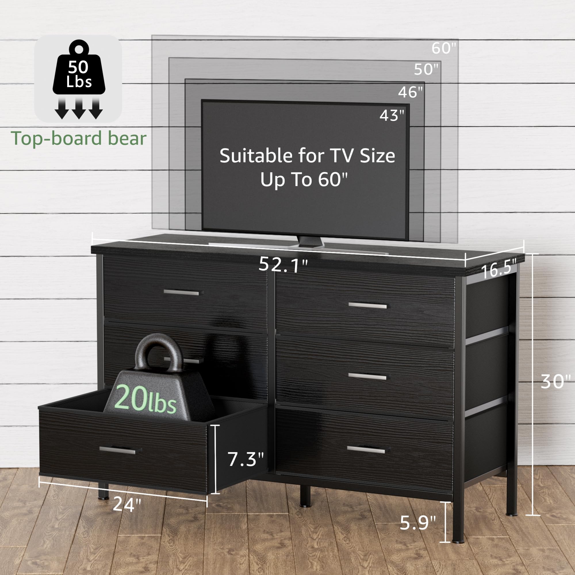 Modern 6-Drawer Wide Black Dresser for Bedroom - Sturdy TV Stand Fits 60