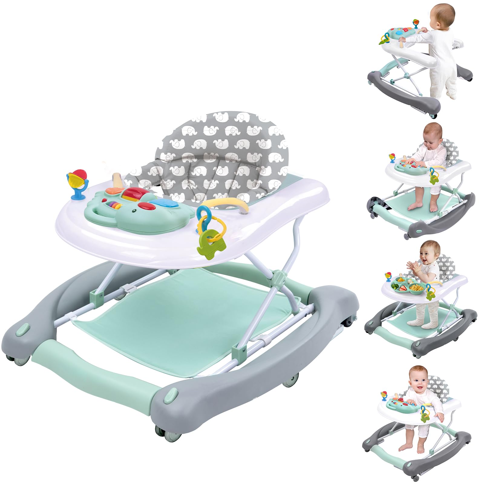 5-in-1 Foldable Baby Walker & Activity Center - Convertible Bouncer, Rocker, Push Walker with Detachable Trampoline Mat | Adjustable Speed Wheels & Height for Babies 6-18 Months (Mint Green) | Perfect for Playtime, Learning to Walk & Indoor Activities
