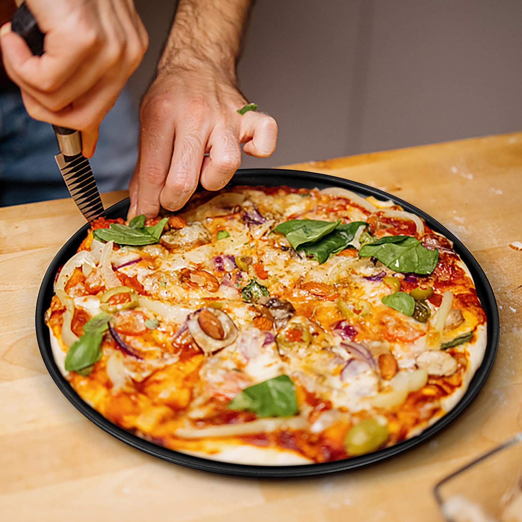 P&P CHEF 13.5 Inch Stainless Steel Pizza Pan - Professional Bakeware for Home Kitchen, Oven & Freezer Safe, Healthy Non-Toxic, Reusable & Easy Clean Pizza Tray - Perfect for Baking Homemade Pizzas, Bread, Cookies & More (Black)