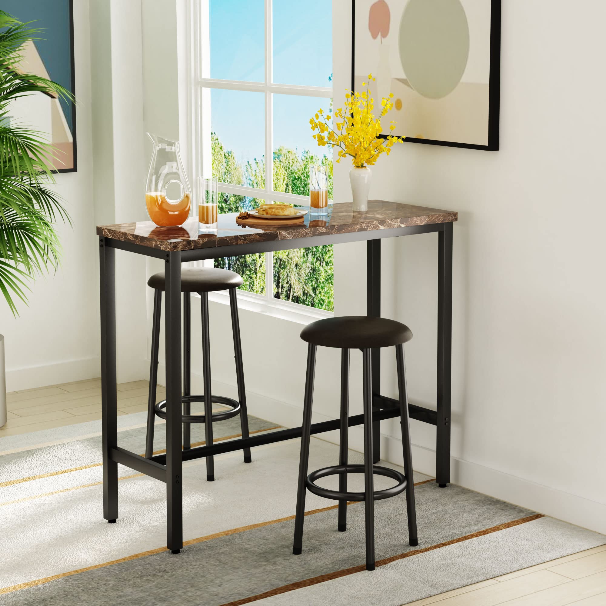 DKLGG 3-Piece Counter Height Dining Table Set with Rectangular Bar Table & 2 Bar Stools - Brown Kitchen Table & Chairs for Small Spaces - Perfect for Breakfast Nook, Coffee Bar, or Compact Dining Room