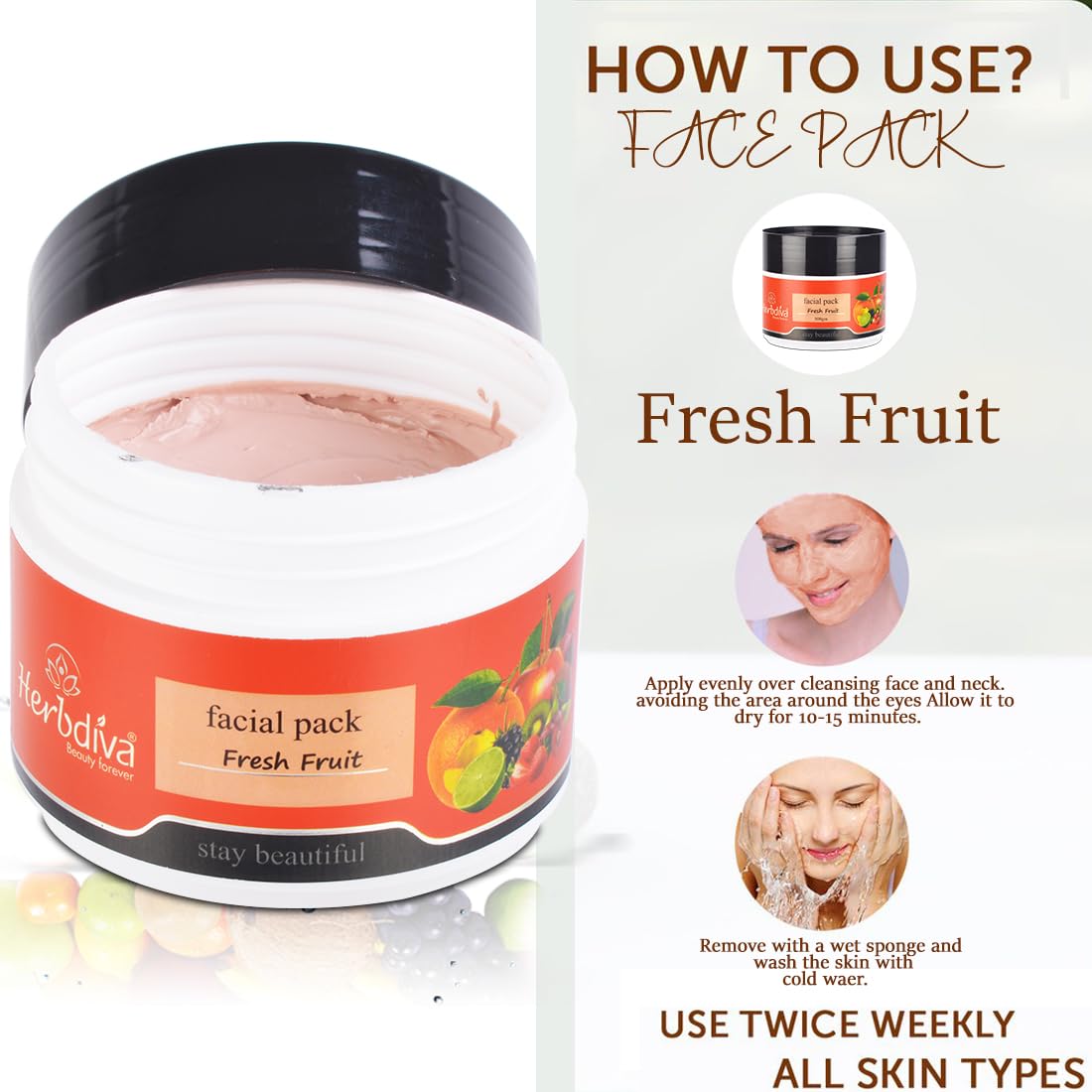 Herbdiva Fresh Fruit Face Mask 250g - Rejuvenating & Refreshing Facial Treatment with Natural Fruit Extracts for Glowing Skin | Nourishes & Revitalizes All Skin Types | Perfect for Daily Skincare Routine & Spa Days
