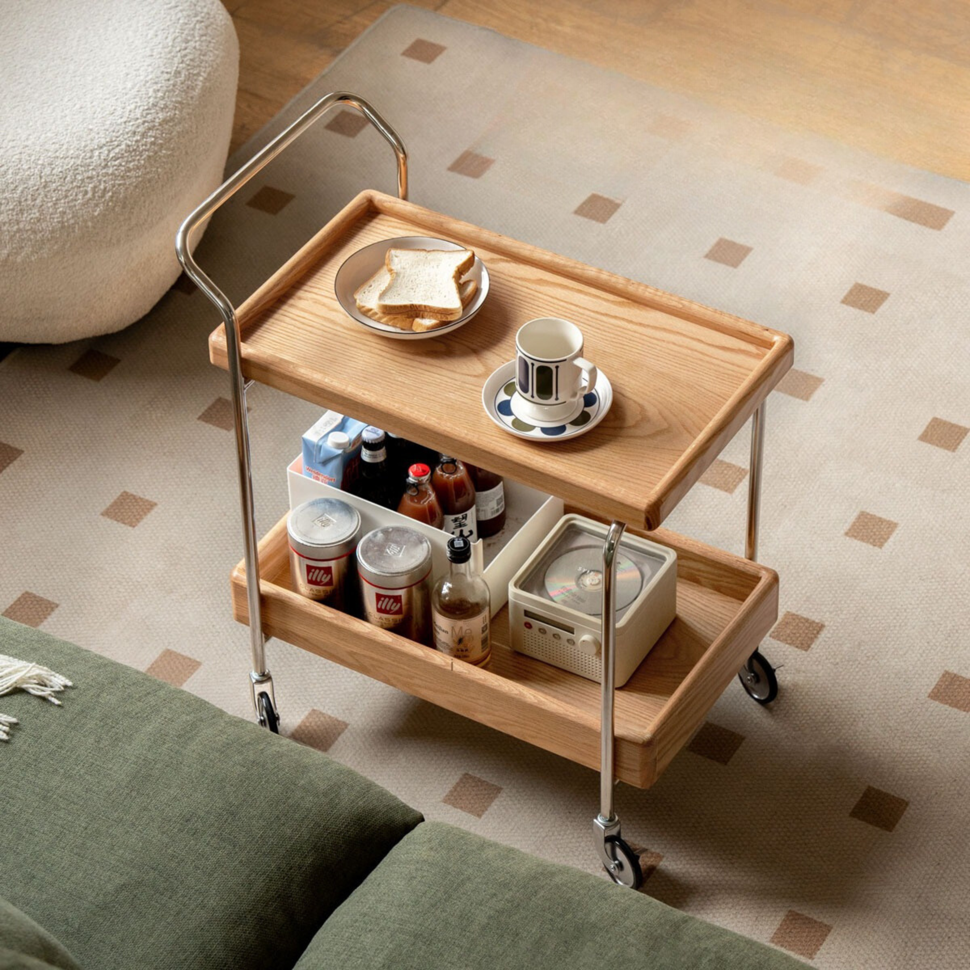 Solid Oak, Poplar, Cherry Wood Double Layer Rolling Side Table - Portable End Table for Living Room, Bedroom, Office, and Outdoor Use
