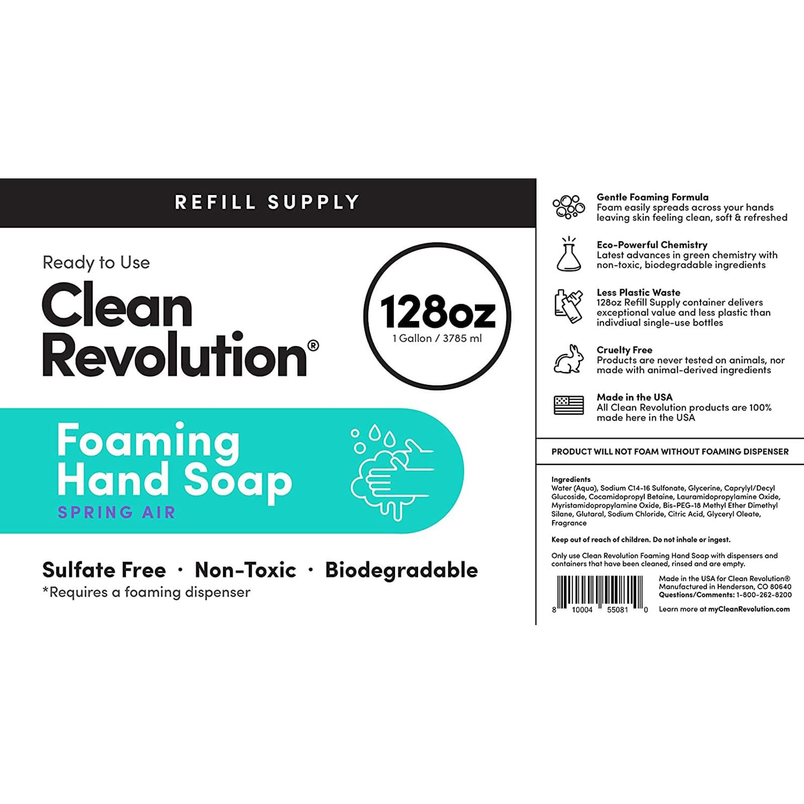 Clean Revolution Foaming Hand Soap Refill - 128 Fl Oz (4 Pack) | Ready-to-Use, Gluten Free, Spring Air Scented | Ideal for Home, Office & Commercial Use