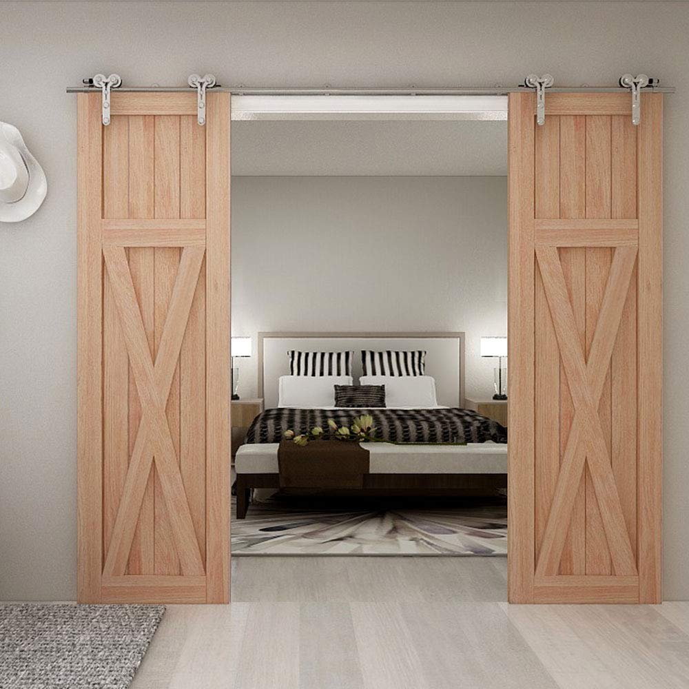 TSMST 10FT Heavy Duty Stainless Steel Sliding Barn Door Hardware Kit - Smooth & Quiet Y-Style Track System for Double Wood Doors | Perfect for Home Offices, Bedrooms & Rustic Interior Designs