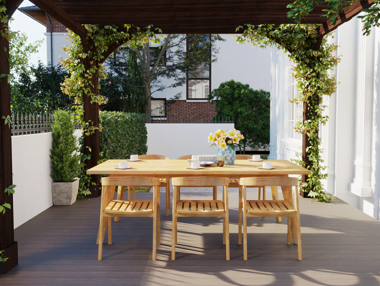 Premium 7-Piece Teak Outdoor Dining Set with Barrel Back Armchairs - Durable Rectangular Patio Furniture for Garden, Poolside & Backyard Entertaining