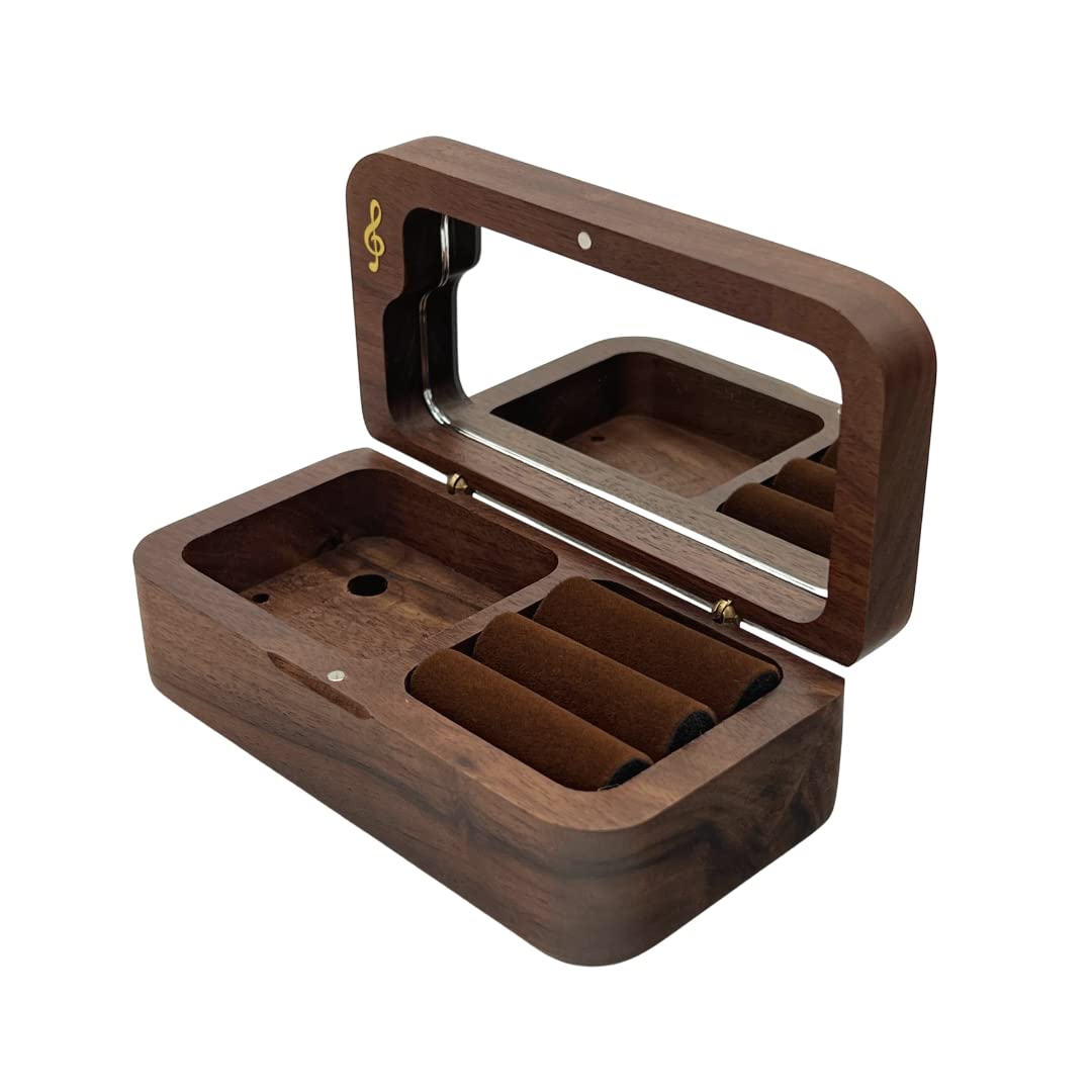 Handmade Wooden Ring Box with Mirror Inside Lid - DIY Music Box Jewelry Gift for Engagement, Wedding, Proposal (Double Ring Compartment) - Perfect for Bridal Showers, Anniversary Gifts & Romantic Surprises