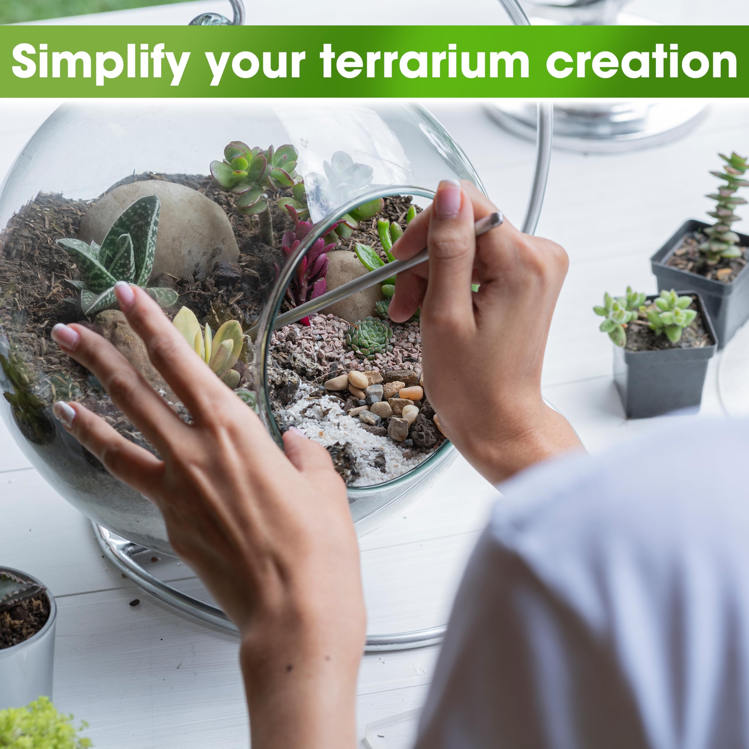 DUSPRO DIY Terrarium Kit - Complete Set with Potting Soil, Pumice, Zeolite, Moss, Decorative Stones & Tools - Perfect for Kids, Air Plants & Succulents | Create Your Own Mini Garden for Home Decor, Office Desk or Gift Idea