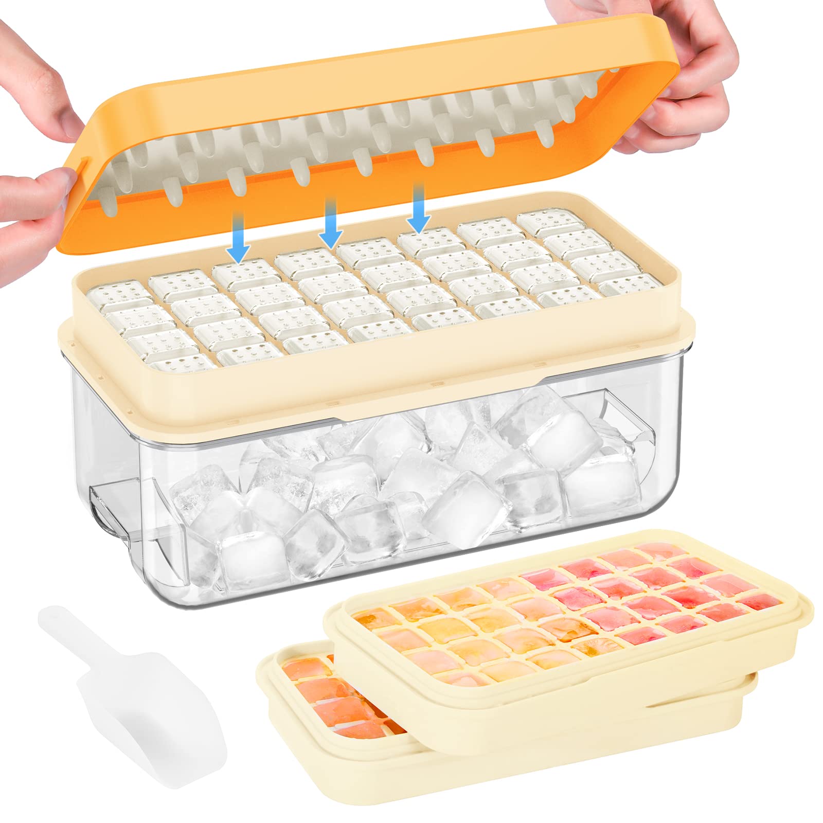PHINOX Ice Cube Tray with Lid & Storage Bin - 2 Pack Flexible Silicone Freezer Trays Makes 64 Perfect Cubes for Cocktails, Whiskey, Coffee - BPA Free Ice Maker with Scoop & Cover for Home Bars, Parties & Everyday Use