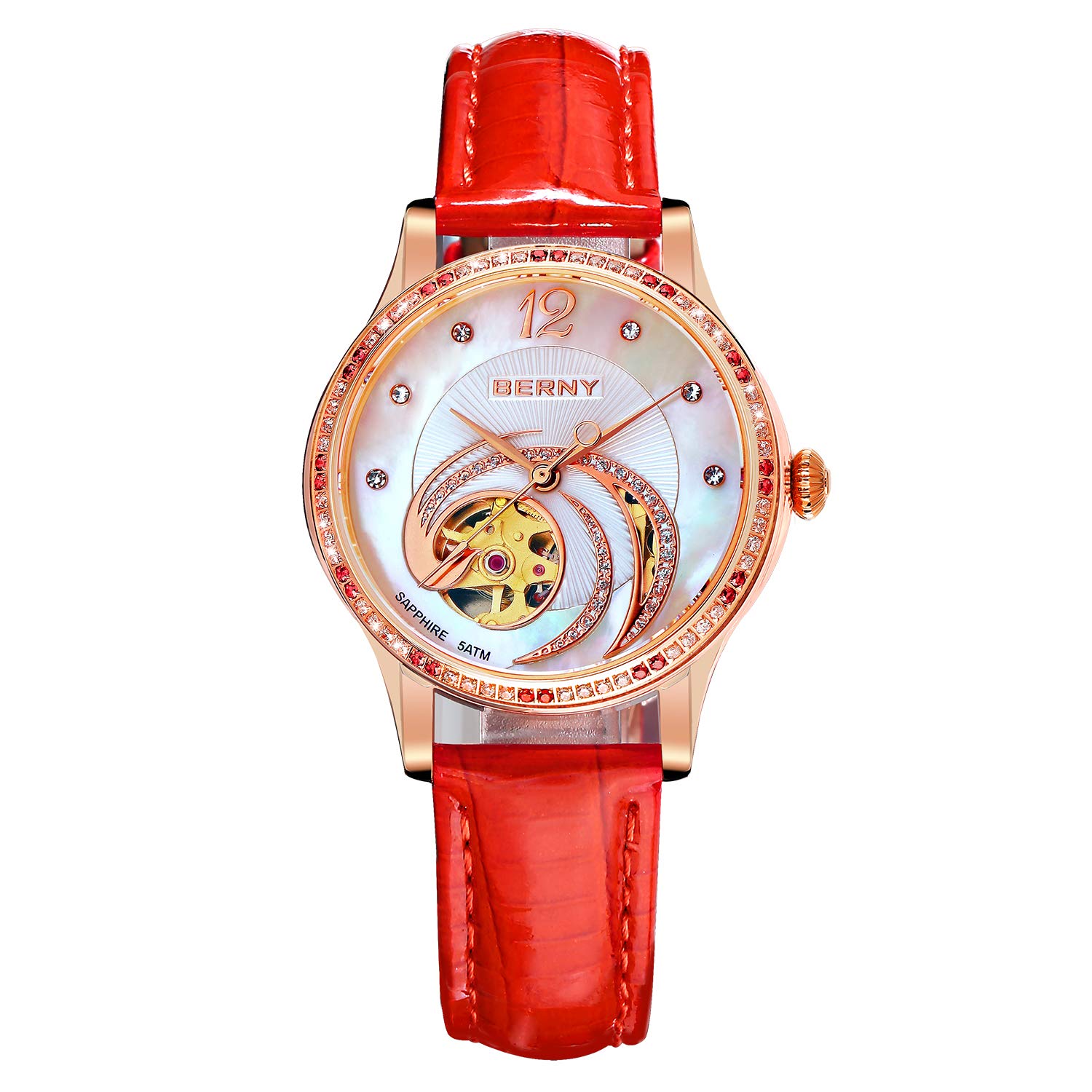 BERNY 18K Gold Women's Automatic Watch - Phoenix Series Small Dial Luxury Wristwatch (Red) | Elegant Dress Watch for Business, Party & Special Occasions