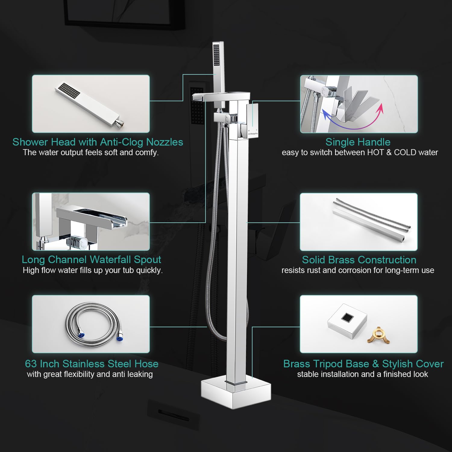 Freestanding Bathtub Faucet with Hand Shower - Chrome Floor Mount Tub Filler with Handheld Sprayer - Solid Brass Single Handle Bathroom Faucet Set for Luxury Soaking Tubs - Perfect for Modern Spa Bathrooms and Master Suite Renovations