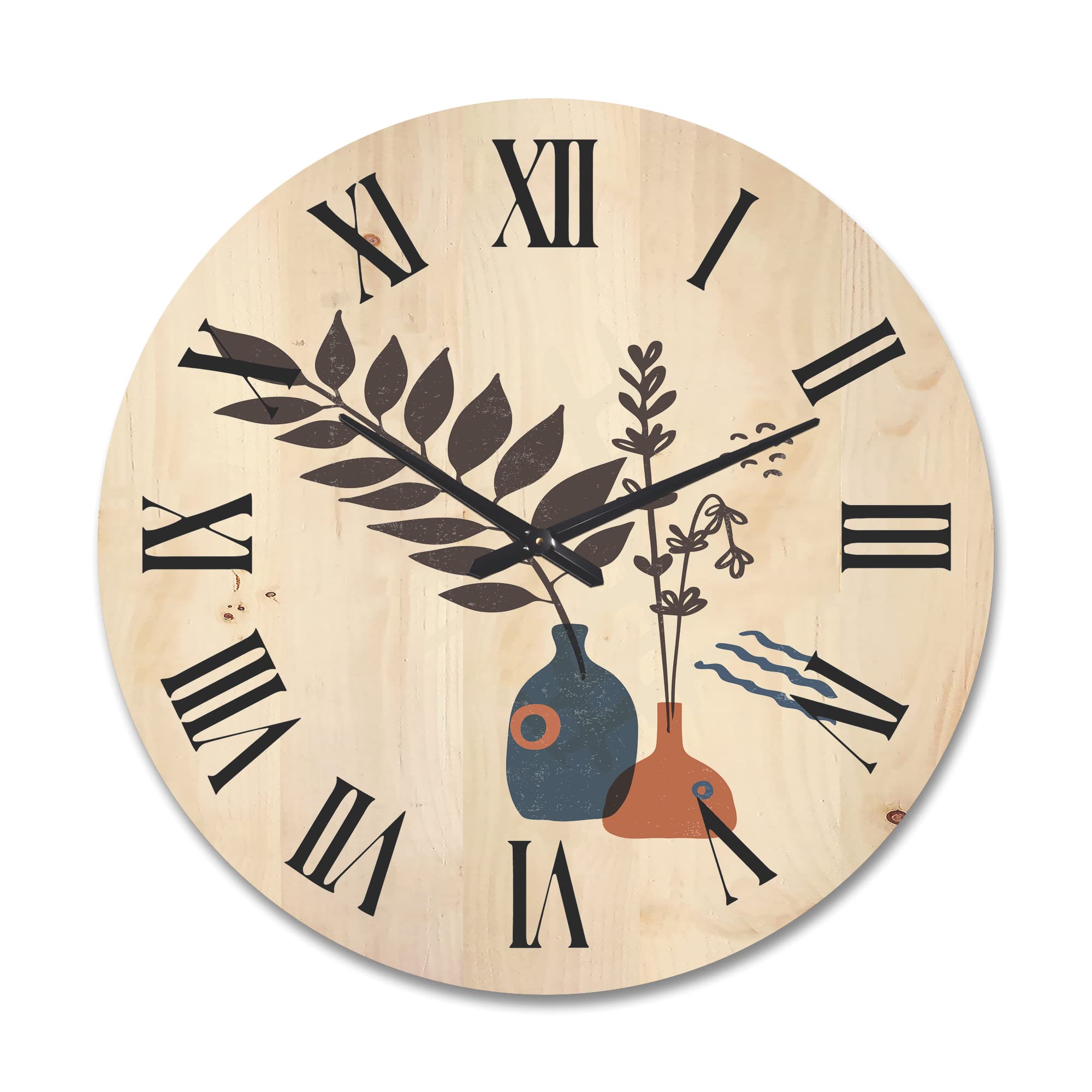 DesignQ Large Modern Wood Wall Clock - Minimalistic Floral & Botanical Art, Oversized Boho Décor for Living Room, Bedroom, Office | Silent Non-Ticking, Perfect for Home & Workspace Decor