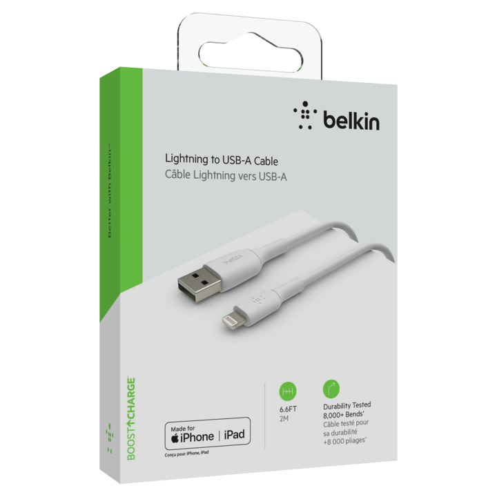 Belkin 2M USB A to Lightning Cable - Fast Charging & Data Sync for iPhone, iPad - Perfect for Home, Office & Travel