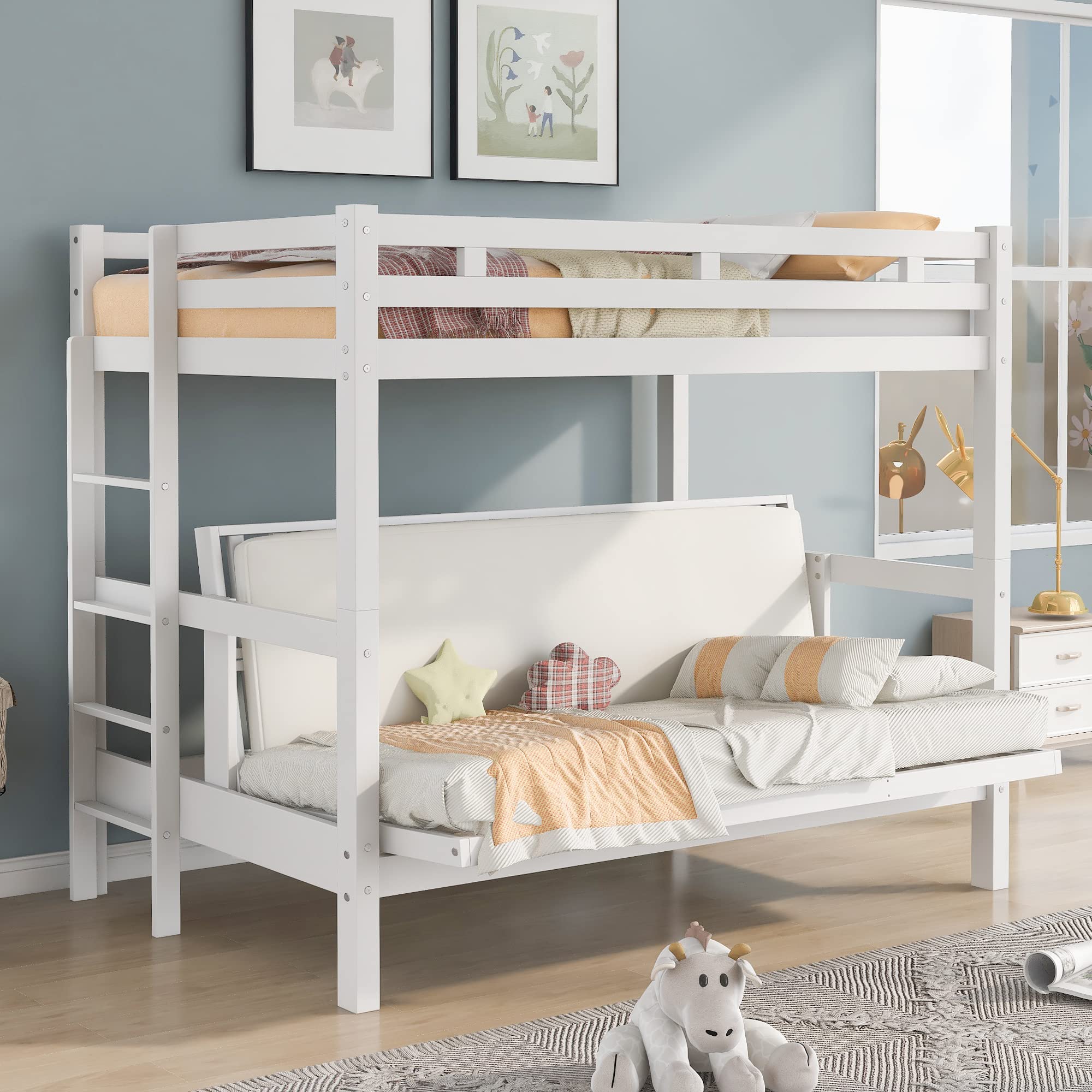 P PURLOVE Twin Over Twin/Full Convertible Bunk Bed with Futon - Solid Wood Bunk Bed Frame, Converts to Twin Bed & Daybed or Full Size Bed - Perfect for Kids Rooms, Guest Rooms & Small Spaces