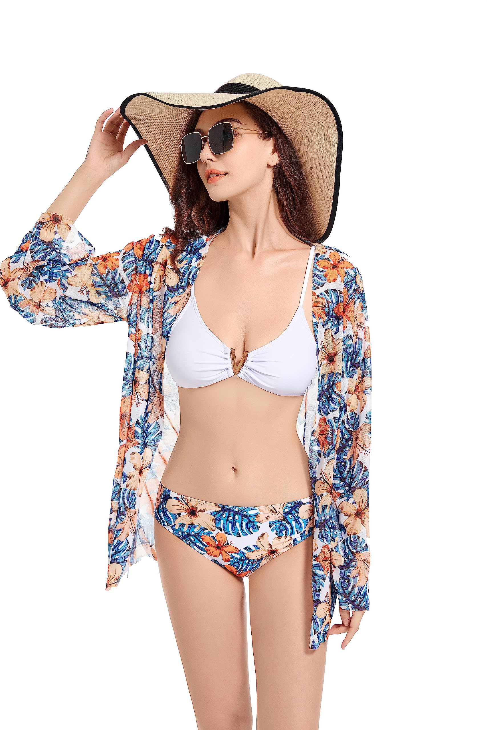 3 Piece Women's Swimsuits - Floral Print Halter Bikini Set with Kimono Cover Up for Summer Beach Vacation, Pool Party & Tropical Getaway