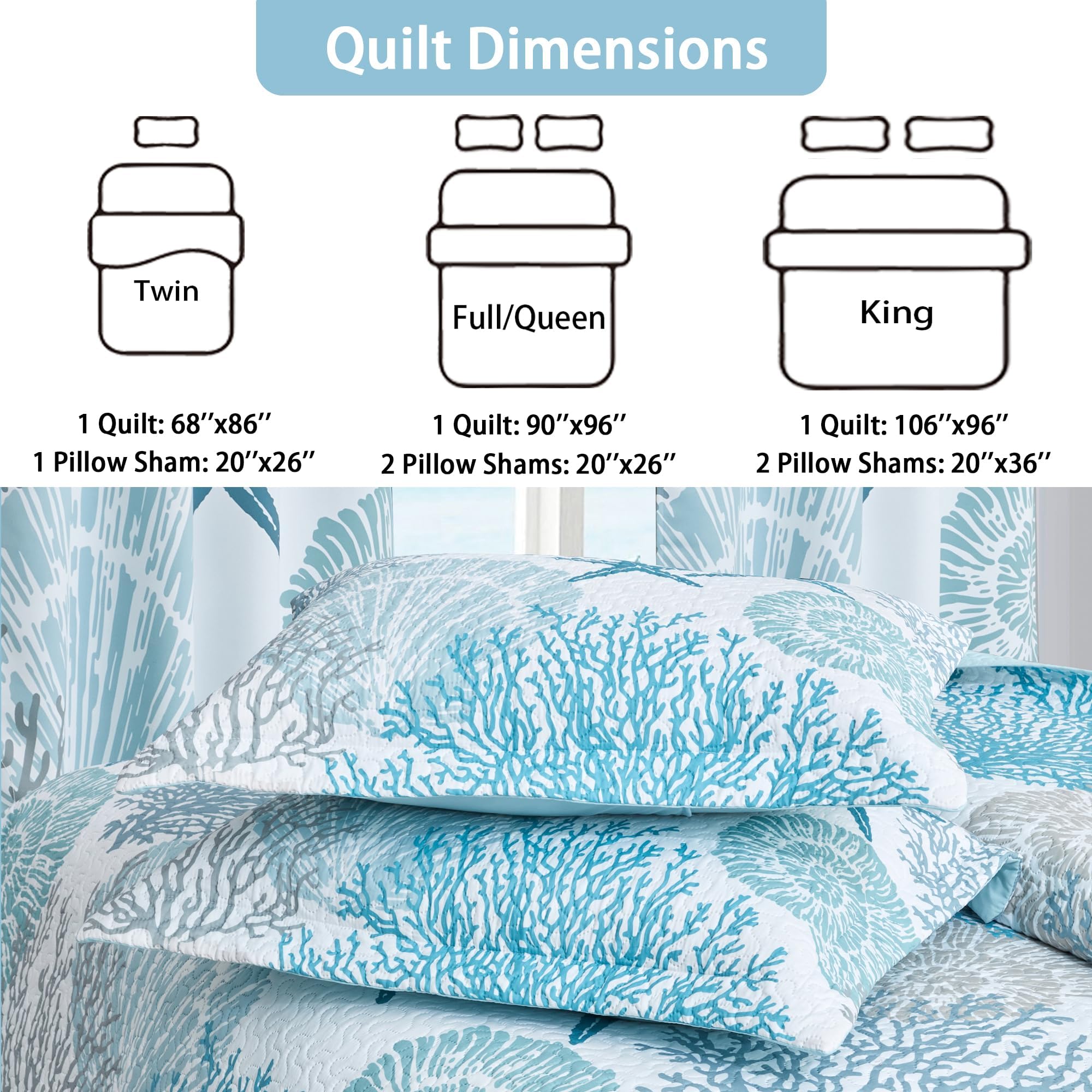 Tritard 3-Piece Coastal Quilt Set Full/Queen Size - Reversible Microfiber Bedding with 2 Shams | Soft Lightweight Beach Quilt | Nautical Bedspread Coverlet for Summer & All Seasons | 90''x96'' | Perfect for Beach House, Guest Room & Coastal-Themed Bedrooms (Style C1)
