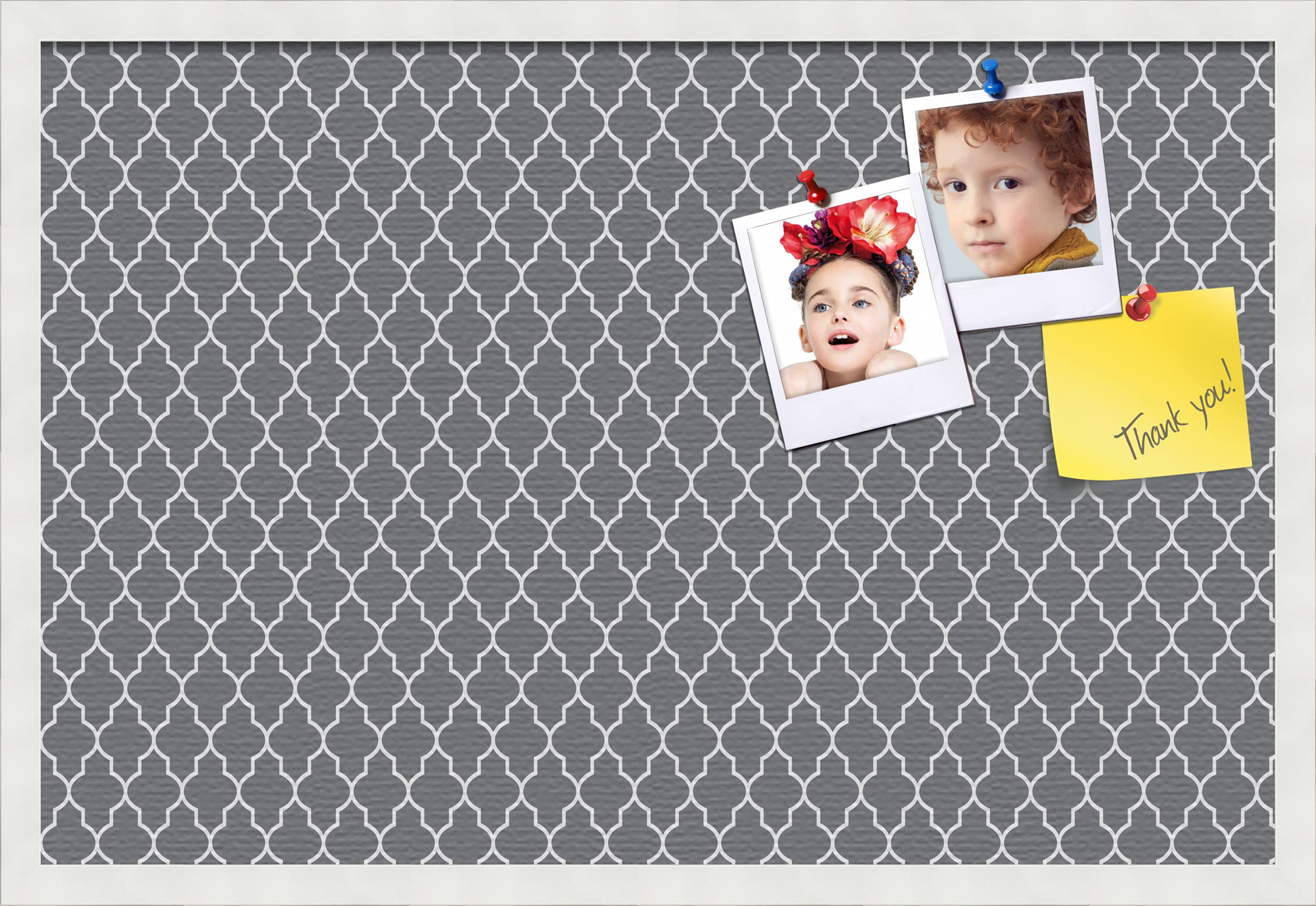 PinPix 30x20 Inch Custom Cork Bulletin Board - Quatrefoil Dark Grey Fabric Photo Board with Satin White Frame | Perfect for Office, Home Decor & Classroom Organization (PinPix-583)