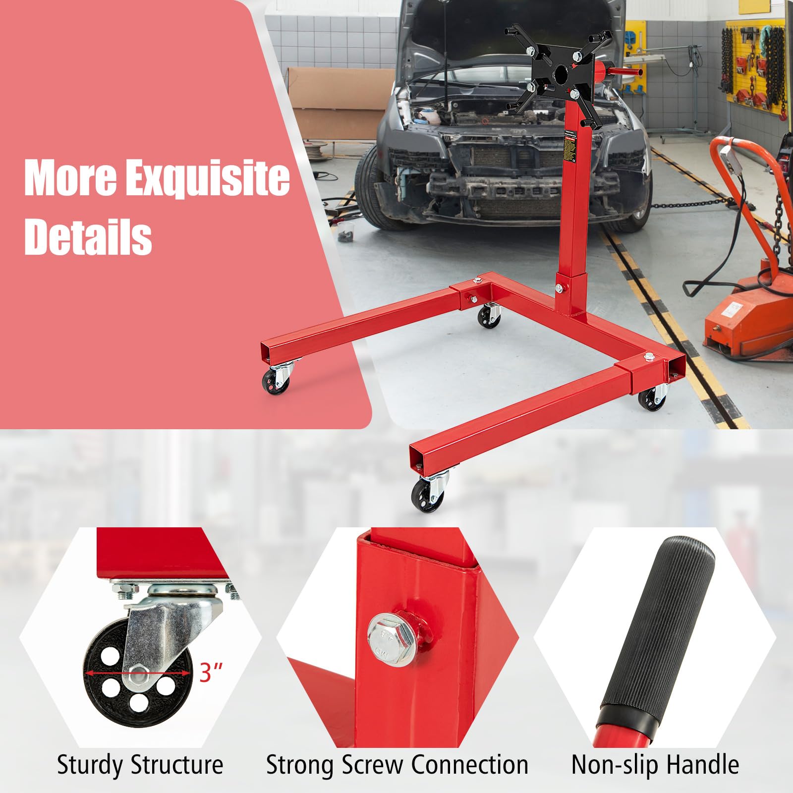 3/4 Ton Engine Hoist Stand with 4 Adjustable Arms & 360° Rotating Head - Heavy Duty 1500 lbs Capacity Engine Motor Stand for Garage, Workshop, Auto Repair - Features 3/4