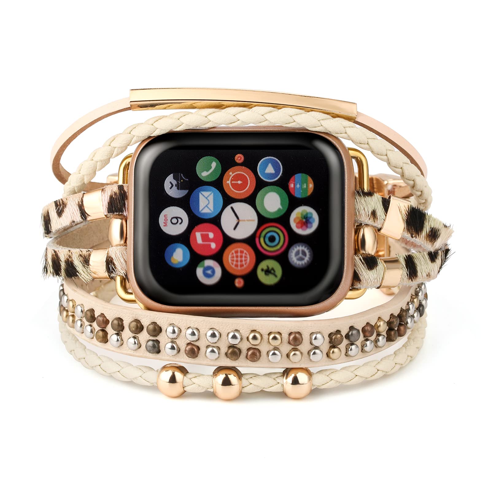 Boho Leather Apple Watch Band for Women & Men - Compatible with Series 10/9/8/7/6/SE/Ultra 2/5/4/3/2/1 (38mm-49mm) - Multilayer Wrap Bracelet Strap for Dressy & Casual Style | Perfect for Work, Travel & Everyday Wear