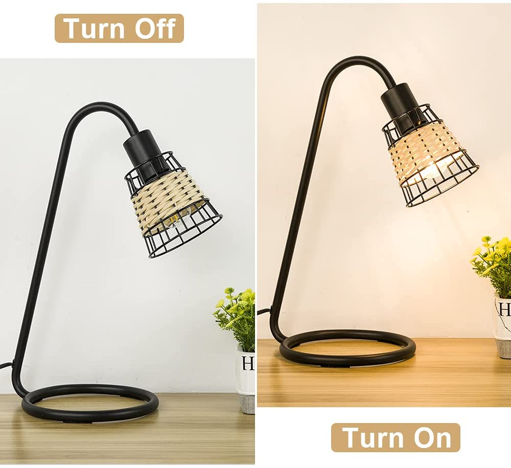 Modern LED Desk Lamp with Rattan Shade - Industrial Black Metal Table Lamp for Bedroom, Living Room, Office & Study | Adjustable Nightstand Lighting for Reading & Workspace