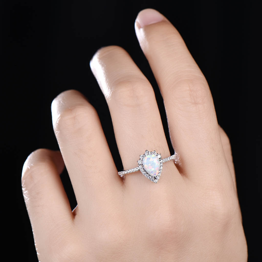 14K/18K Pear Shaped Vintage Opal Diamond Halo Engagement Ring in White Gold - Perfect for Proposals, Anniversaries & Special Occasions