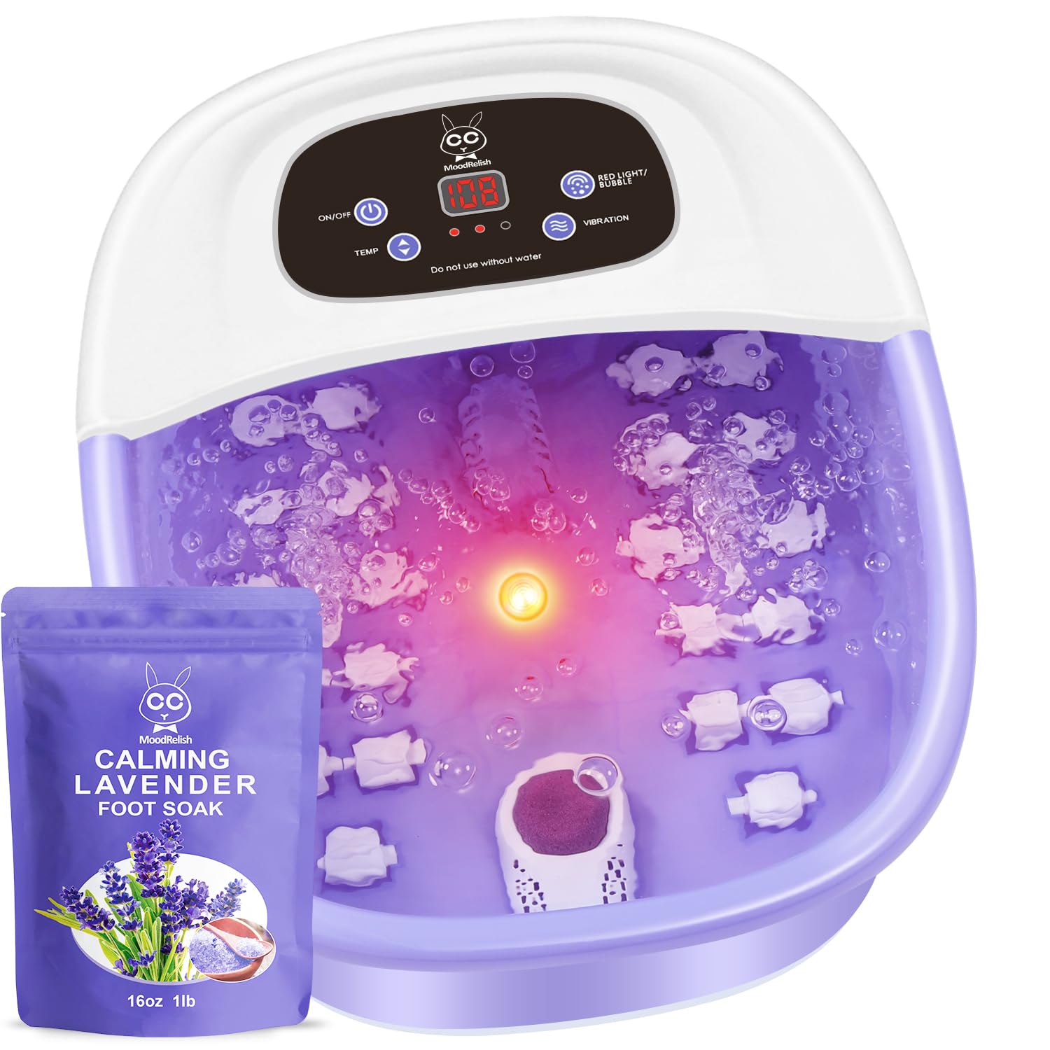 Relaxing Foot Spa Bath Massager with Heat, Bubbles & Vibration - 16 OZ Lavender Epsom Salt Included - Red Light Therapy & 22 Rollers for Deep Massage - Adjustable Temperature (Purple) - Perfect for Home Spa, Stress Relief & Foot Pain Relief After Work